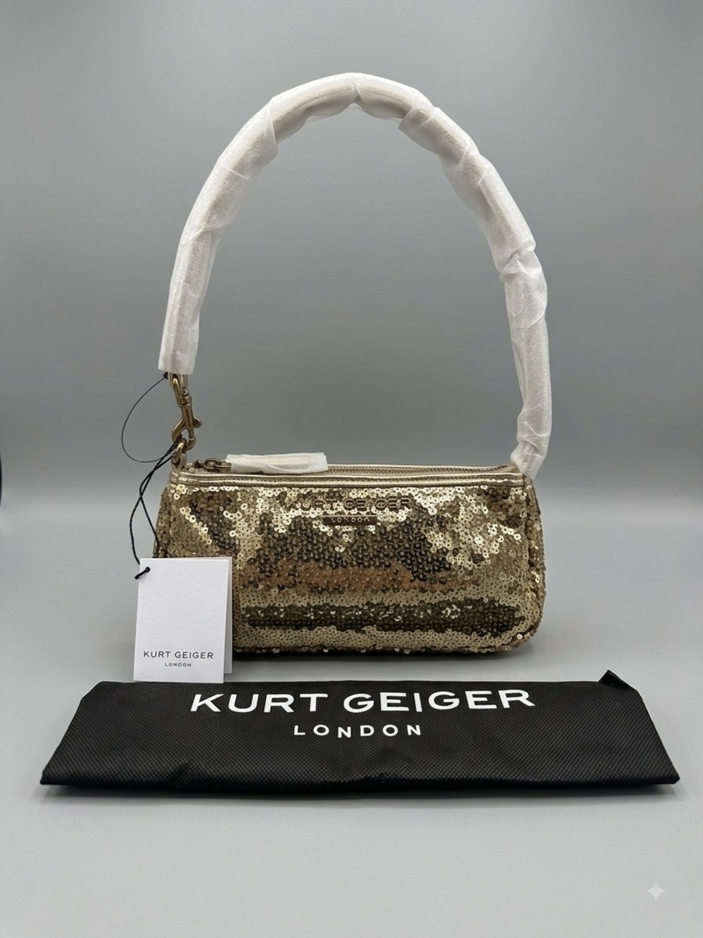 Kurt Geiger London Small Highgate Wristlet Bag Hand Bag Gold Sequins NWT